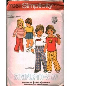 Vintage 1975 Simplicity 7061 Toddler Kids Top Pants Shorts Sewing Pattern Size 3